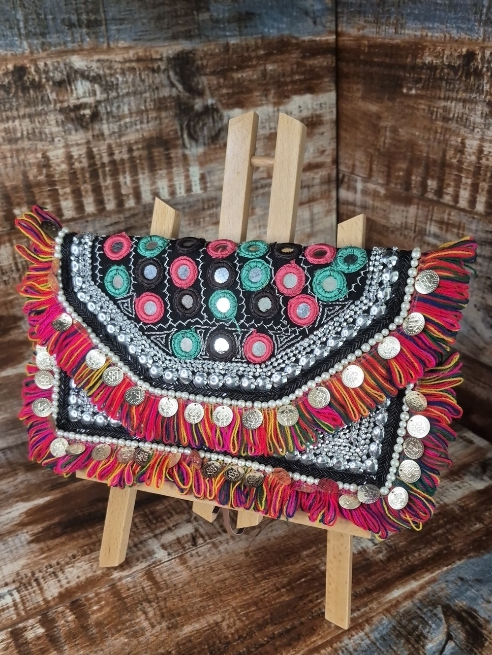 Boho Embroidered Multicolor Fringe Clutch - Black